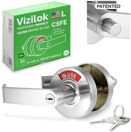 VIZILOK ADA Compliant, Single Egress Indicator Privacy Lock with Keys, C5FE-L Durable ANSI Grade 2 Comp Commercial LEFTHanded Non Reversible in-Use or Vacant Push Button Lever - Satin Chrome
