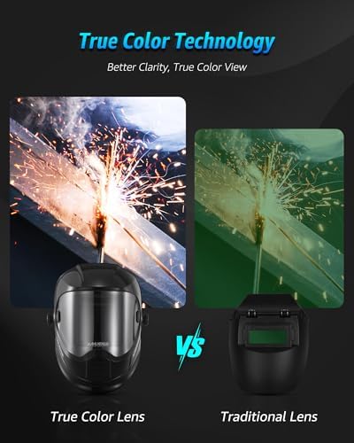 MANUSAGE Panoramic View Welding Helmet Auto Darkening, Welding Hood with 4 Arc Sensor Solar Power, True Color Shade 5-8 and 9-13 Idear for TIG MIG ARC, Adjustable Delay and Sense (E980S)