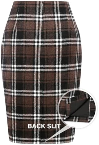 IDEALSANXUN Plaid Skirts for Women Fall Winter Knee Length Pencil Wool Skirt with Slit