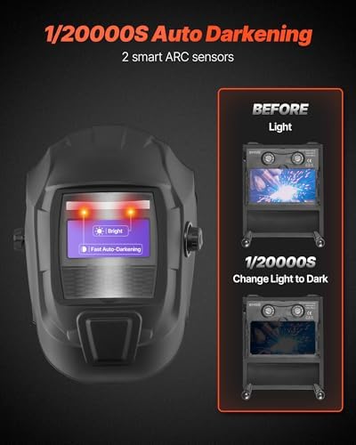 VEVOR Welding Helmet Auto Darkening, 3.66" x 1.69" True Color Welding Hood, Solar Powered Welder Mask 2 Arc Sensors, Shade 4/9-13 for TIG MIG ARC Weld Grinding - CRIUS Series (Matte Black)