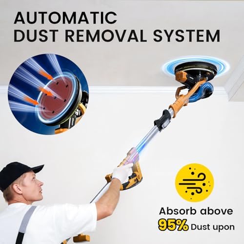 Drywall Sander, 1050W 7.2A Popcorn Ceiling Removal Tool, Automatic Drywall Sander with Vacuum Dust Collector, 7 Variable Speed 1000-2100RPM, 15Pcs Sanding Discs(Yellow)