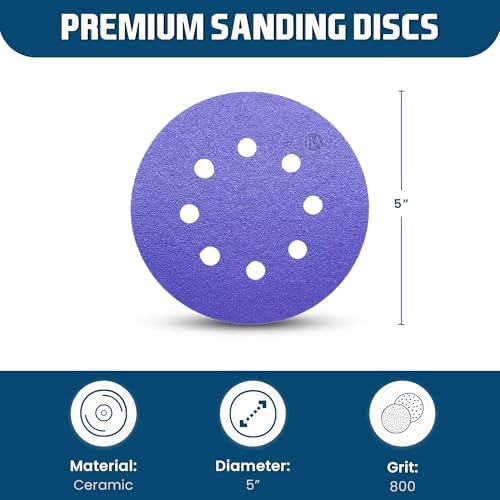 Benchmark Abrasives 5 Inch Sanding Discs Hook and Loop, Ceramic 8 Holes Adhesive Sandpaper for Surface Blending, Automotive - Orbital Sander Sandpaper (50 Discs), 800 Grit
