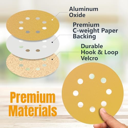 POWERTEC 50 PCS 120 Grit - 5 Inch 8 Hole Hook and Loop Sanding Discs, 5" Sanding Pads for Automotive, Drywall, Woodworking with Orbital Sander, Air, and DA Sander (44012G-50)