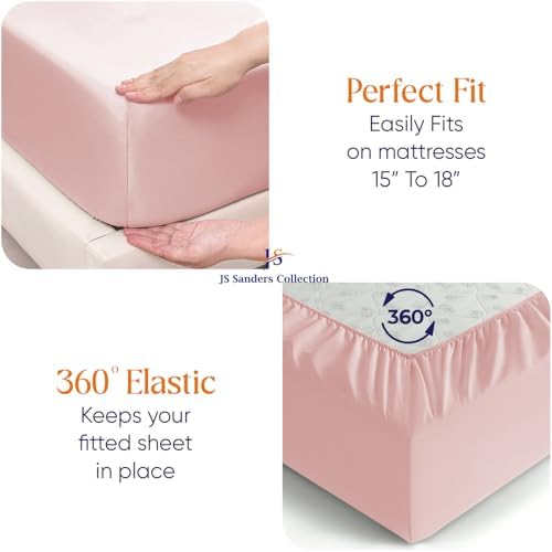 JS Sanders Collection 600TC Flex Top Queen Sheets for Sleep Number Bed - 100% Cotton 4 Pcs Top Split Queen Sheets for Adjustable Bed Queen 36 Inch Down Blush -18 Inch Deep