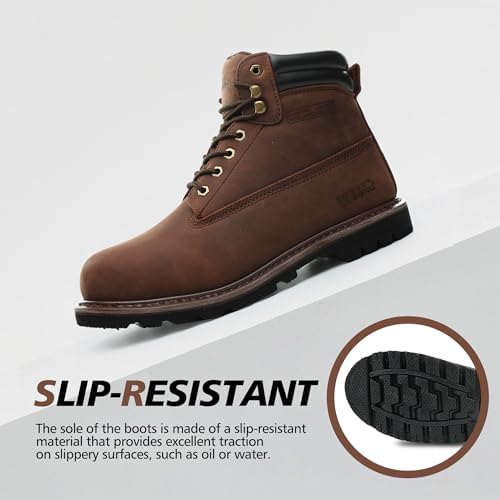 Steel Toe Work Boots for Men, 6-Inch Non Slip Comfortable Leather Waterproof Industrial Construction Safety Workboots