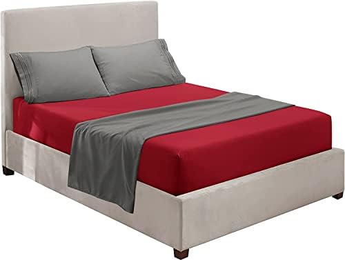 Nestl Twin XL Sheets Set - 3 Piece XL Twin Bed Sheets, Extra Soft Double Brushed Bedding for Adjustable Bed, 2 Tone Burgundy/Grey Set, Burgundy Fitted Sheet, Grey Flat Sheet, Grey Pillow Case