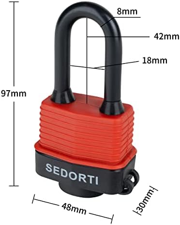 SEDORTI Colored Waterproof Padlocks, Red-Covered Laminated Steel Lock, Same Color with Same Key, Keyed Alike Outdoor Locks, Can Be Used as Lockout Tagout Lock, Long Padlocks, Pack of 12