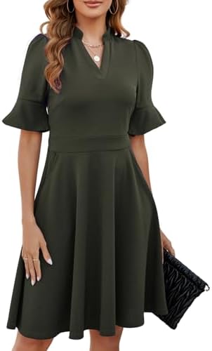 Mokayee Womens Summer V Neck Ruffle Short Sleeve Fit and Flare Knee Length Church Wedding Guest Dresses with Pockets