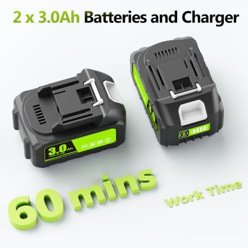 Leaf Blower Cordless with 2 x 3.0Ah Battery and Charger, 680CFM 260MPH Electric Blower with 2 Speeds, 20V Handheld Leaf Blower for Lawn Care, Blowing Leaves, Dust, Snow, Gravel for Patio, Yard, Green