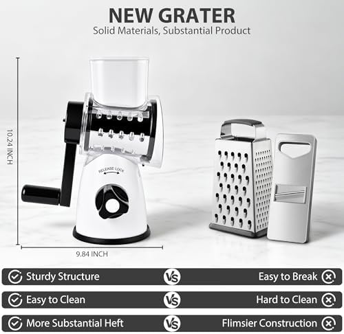 SUSTEAS Rotary Cheese Grater, Cheese Shredder with 3 Interchangeable Blades