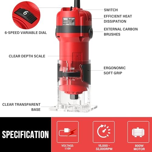 TEENO Wood Router Tool, 6.5 Amp 1.25 HP Wood Routers for Woodworking, 6 Variable Speeds, 1/4" Compact Router with 15-Piece Tungsten Carbide Router Bits, Edge & Roller Guides, Dust Hood
