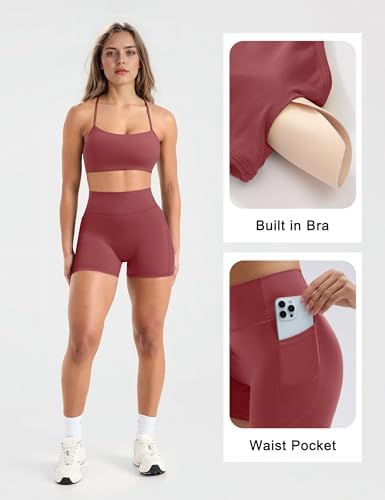 SUUKSESS Women 2 Piece Workout Sets Padded Halter Sports Bras High Waisted Biker Shorts with Pockets