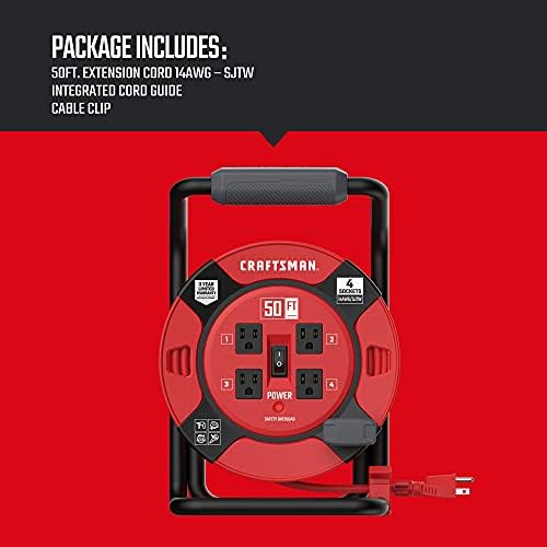 CRAFTSMAN 50 Ft. Retractable Extension Cord Reel, 4 Outlets