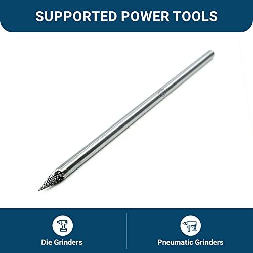 Benchmark Abrasives 6” Pointed Cone Shape Double Cut Tungsten Carbide Die Grinder Bits Metal Deburring Tool Rotary Burr, 1/4 Inch Shaft, Engraving Tool for Woodworking Shaping Carving (SM-1)
