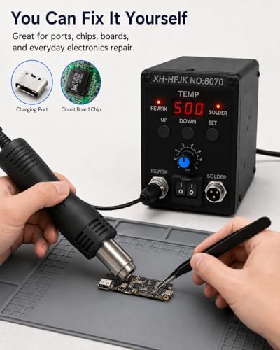 Beginner-Friendly Hot Air Rework Station with LED Display, Digital Heat Gun Kit for Heat Shrink Tubing, Small Electronics Repair, Component Removal, DIY Projects and Home Workbench Use