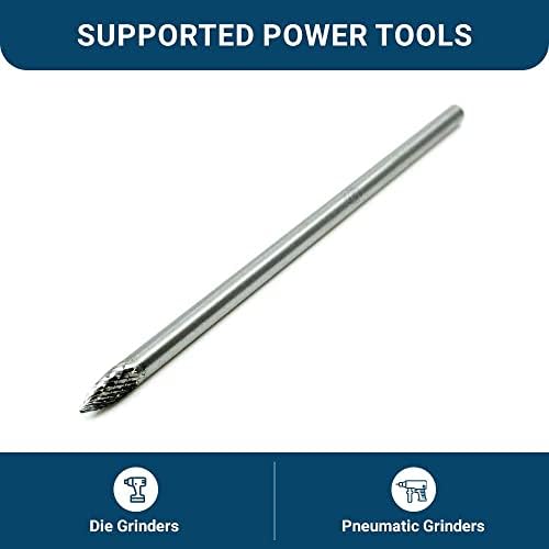 Benchmark Abrasives 6” Pointed Tree Shape Double Cut Tungsten Carbide Die Grinder Bits Metal Deburring Tool Rotary Burr, 1/4 Inch Shaft, Engraving Tool for Woodworking Shaping Carving (SG-1)
