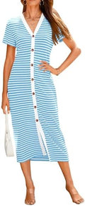 BTFBM Women Casual Summer Dresses Short Sleeve Striped Midi Dresses