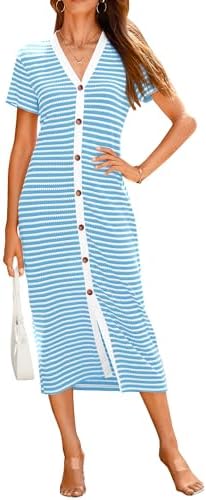 BTFBM Women Casual Summer Dresses Short Sleeve Striped Midi Dresses