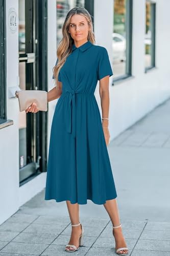 Newshows Women's Work Business Casual Outfits Tie Waist Midi Shirt Dress