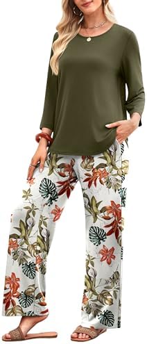 WIHOLL Two Piece Sets for Women Lounge 3/4 Length Sleeve Womens Tops Graphic Pants with Pockets Summer Outfits 2026