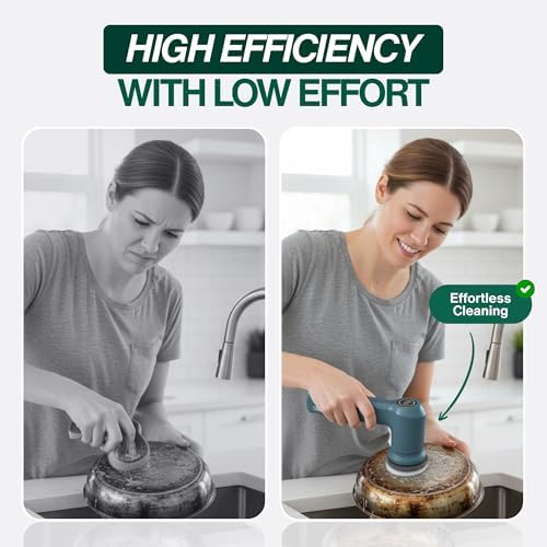 SonicPower Electric Spin Scrubber – Handheld & Ergonomic, IPX7 Waterproof, 4 Multi-Purpose Brush Heads, Long-Lasting Rechargeable Battery – Cleans Dishes, Bathroom, Tile, Grout & Kitchen (Steel Blue)