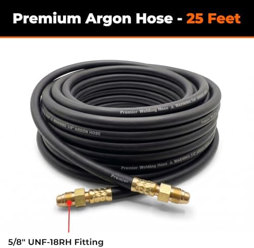 25 ft Argon Inert Gas Welding Hose – 5/8" UNF-18RH Fittings Both Ends – Flexible Rubber Flow Hose for Argon, CO2 and Helium MIG TIG Welding