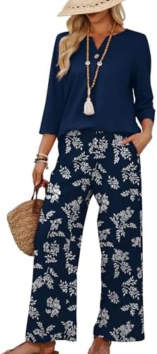 WIHOLL Two Piece Sets for Women 3/4 Length Sleeve Lounge Sets Summer Spring Vacation Travel Outfits Fashion Clothing