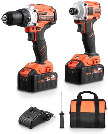 VEVOR Tool Combo Kit, 20V Max Cordless 2-Tool Combo Kit, with 1/2 in Impact Drill, 1/4 in Impact Driver, Compact Cordless Power with 4.0 Ah Batteries, Screws, Charger, and Cloth Bag
