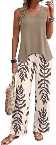 WIHOLL Two Piece Sets for Women Dressy Lounge Sets Summer Outfits Cruise Travel Beach Vacation Casual Wide Leg Pants Set