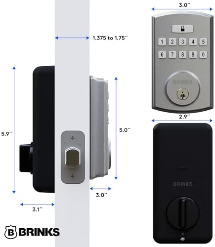 BRINKS Keyless Entry Door Deadbolt, High-Security Keypad Door Lock, 50 User Codes, Auto Locking Feature (Deadbolt & Passage Lever, Satin Nickel)