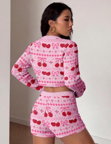 Ekouaer Fuzzy Fleece Pajamas 2 Piece Warm Soft Lounge Set Long Sleeve Sweater Top and Shorts Loungewear Outfits Sweatsuits