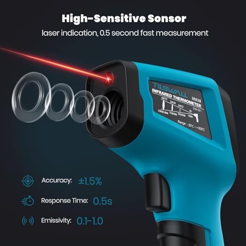 Tilswall Infrared Thermometer, Laser Temperature Gun -58°F~1112°F, Blue