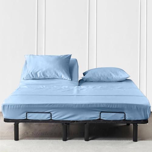 JS Sanders Collection 600TC Flex Top Queen Sheets for Sleep Number Bed - 100% Cotton 4 Pcs Top Split Queen Sheets for Adjustable Bed Queen 32 Inch Down Light Blue -18 Inch Deep