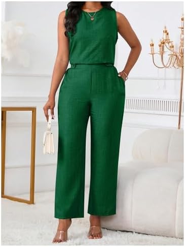 Floerns Women's 2 Piece Sets Dressy Outfits Bussiness casual Crew Neck Sleeveless Blouse and Elegant Pants Set