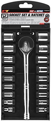 Performance Tool W38301 19-Piece 3/8 in. Drive SAE/Metric Socket Set | Sturdy full-length ratchet for leverage. 18 popular 6-point sockets. Convenient automotive storage rail hanger