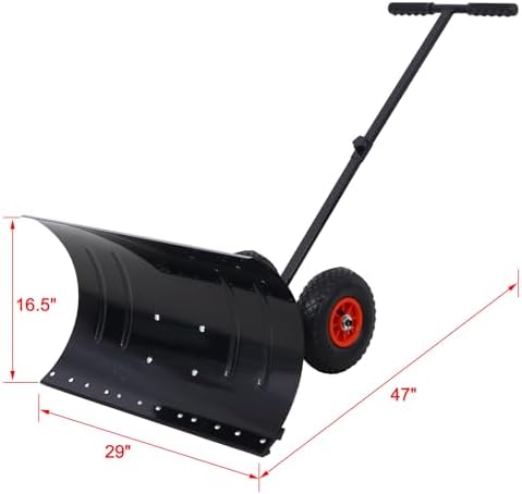 Campfun Snow Shovel with Wheels, 29" Heavy Duty Snow Pusher, Cushioned Adjustable Angle Handle Snow Removal Tool, Snow Plow with Anti-Skid Rubber Wheels for Driveway, Yard, Patio Snow Removal, Black