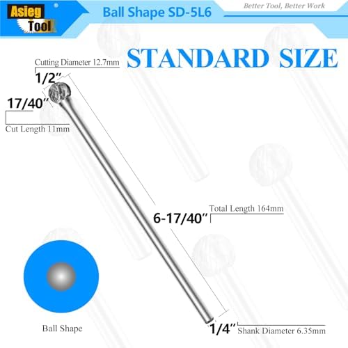 SD-5L6 Tungsten Carbide Burr Lengthened Rotary File Ball Shape Double Cut with 1/4''Shank for Die Grinder Drill Bit
