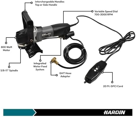 Hardin VSP5 - 5" Variable Speed Wet Polisher – 800W 120V, 1000–4500 RPM, Water Feed System with Brass Valve, GFCI Cord, for Granite, Marble, Stone, and Concrete Surface Finishing