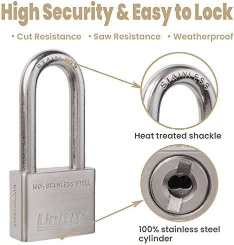 Unity Marine Padlock Keyed Alike 100% Stainless Steel Weatherproof for Sea, Boat, Port, Gate, Anti-Pick (2, 50mm Long Shackle)