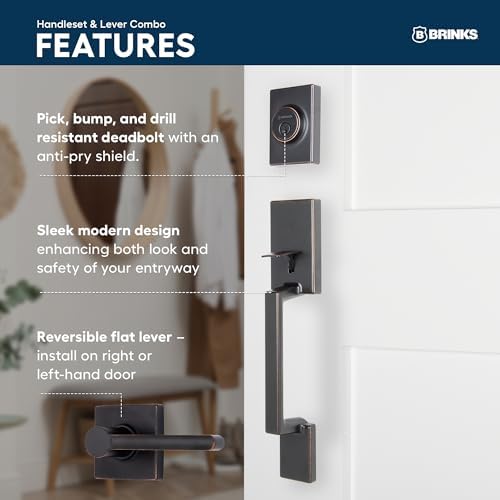 BRINKS Contemporary Keyed Entry Door Handleset with Lever and Deadbolt, Modern Front Door Lock Set, Easy Install, Pick-Resistant (Straight Lever, Tuscan Bronze)