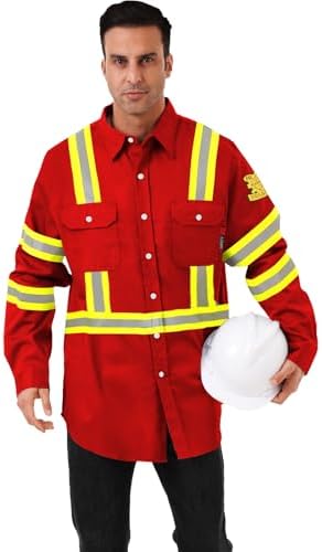 FR Shirts for Men 7oz High Visibility Fire Resistant Shirts CAT2 Welding Shirt 100% Cotton Hi Vis Flame Resistant Shirt Red(6X-Large)