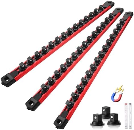Reniteco Magnetic Socket Organizer Set, 3-Pack 3/8” Socket Rails | 42 Clips, Heavy-Duty Aluminum Alloy Rails, Removable 360° Swivel ABS Clips, Magnetic Base, Tool Box Drawer or Wall Mount