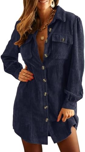 Alaster Queen Women's Corduroy Long Sleeve Button Work Tunic Short Dresses