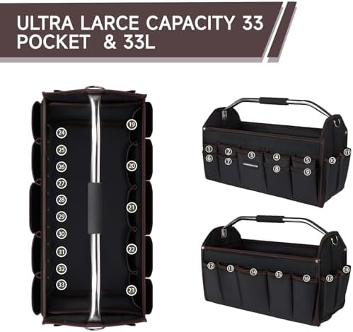 20 In Tool Carrier, Open Top Tool Tote 30 Pockets, Waterproof Tool Bag For Men, Foldable Wide Mouth Electricians Tool Bag, With Stainless Steel Handle and Removable Shoulder Strap