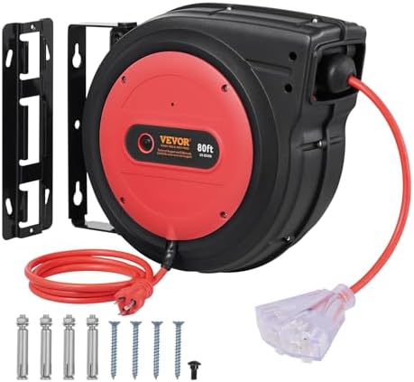 VEVOR 80FT Retractable Extension Cord Reel, Heavy Duty 12AWG/3C SJTOW Cord