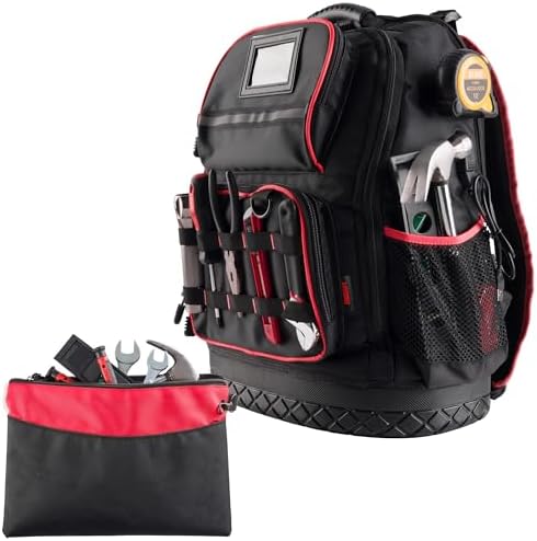 Tool Backpack Heavy Duty Tool Bag with Laptop Sleeve, USB Charging Port, Side Pouches, Multi Pockets and Rubber Base - Electrician, Handyman, Construction, Carpentry Work or Jobsite Tote by Stalwart