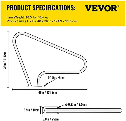 VEVOR Pool Rail 48x36 Pool Railing Brushed Stainless Steel 250LBS Load Capacity Silver Rustproof Pool Handrail Humanized Swimming Pool Handrail with Blue Grip Cover & M8 Drill Bit & Self-Taping Screws