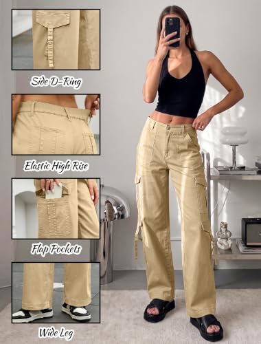 Eddoyee Cargo Pants for Women Elastic High Waisted Wide Leg Hiking Pants