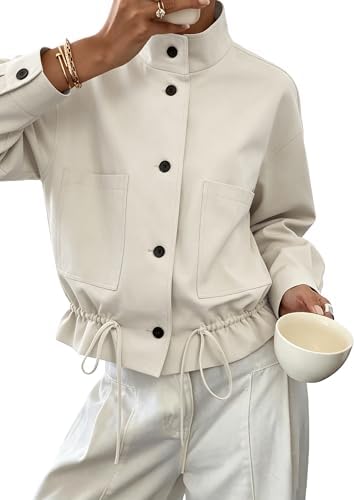 Womens Funnel Neck Jackets Fall Casual Ruffle Hem Cropped Coats