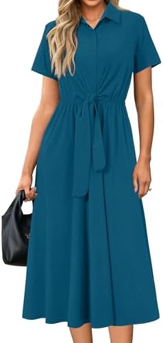 Newshows Women's Work Business Casual Outfits Tie Waist Midi Shirt Dress
